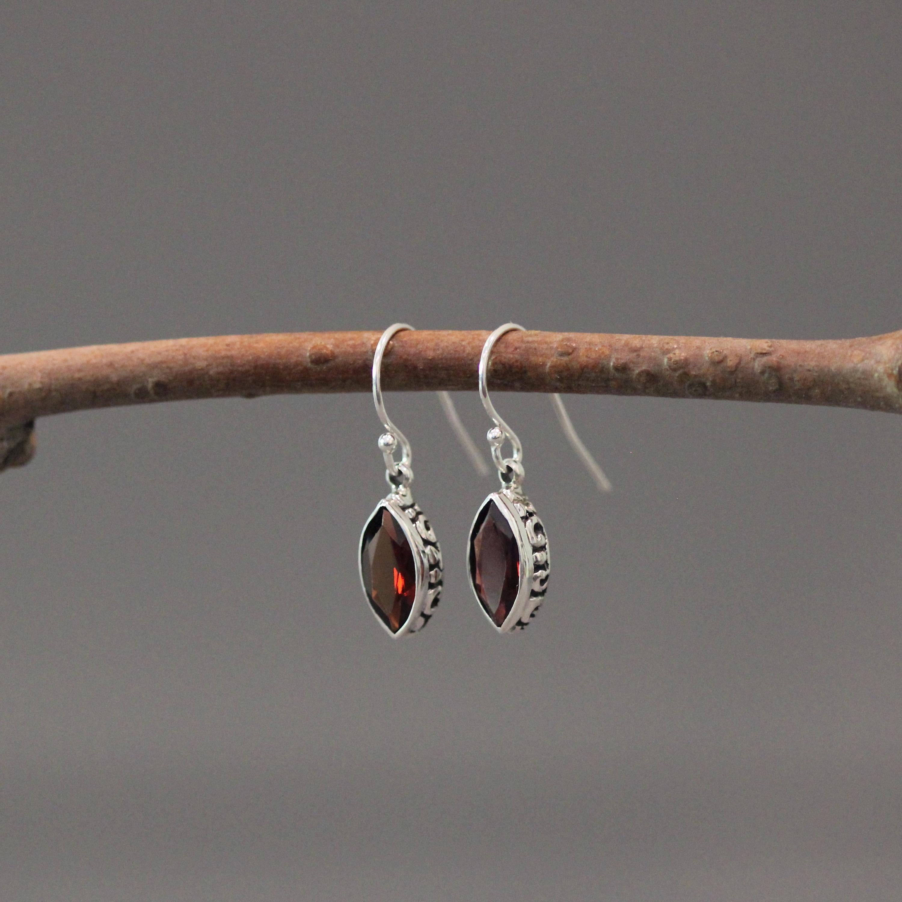 Marquise Red Garnet and Bali Silver Earrings