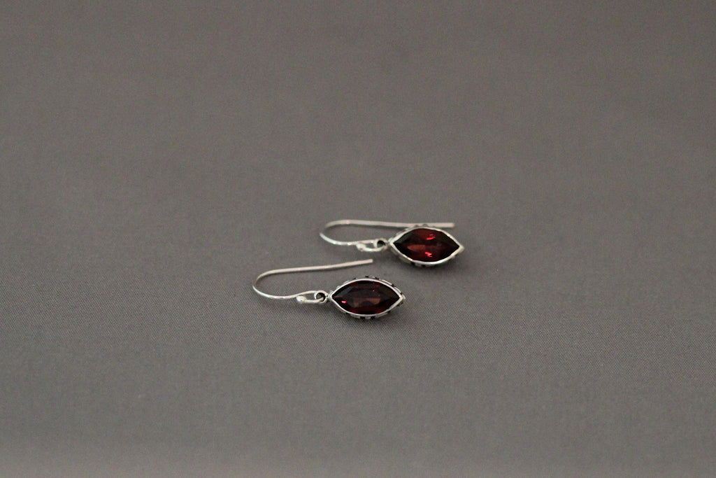 Marquise Red Garnet and Bali Silver Earrings