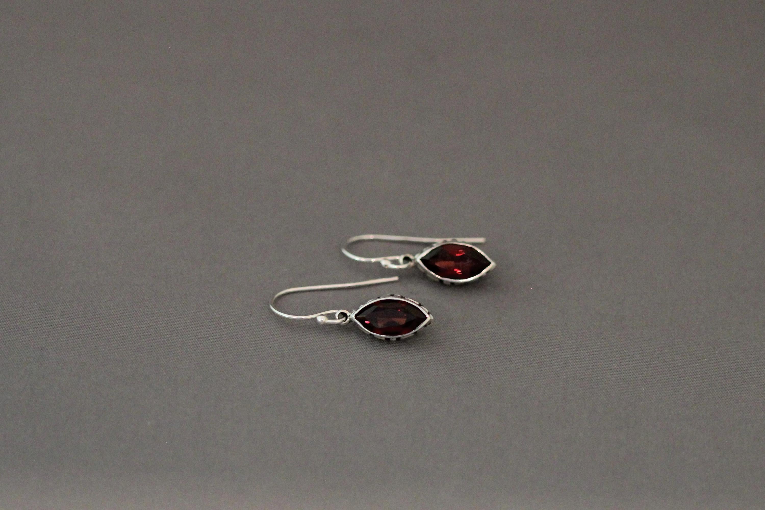 Marquise Red Garnet and Bali Silver Earrings