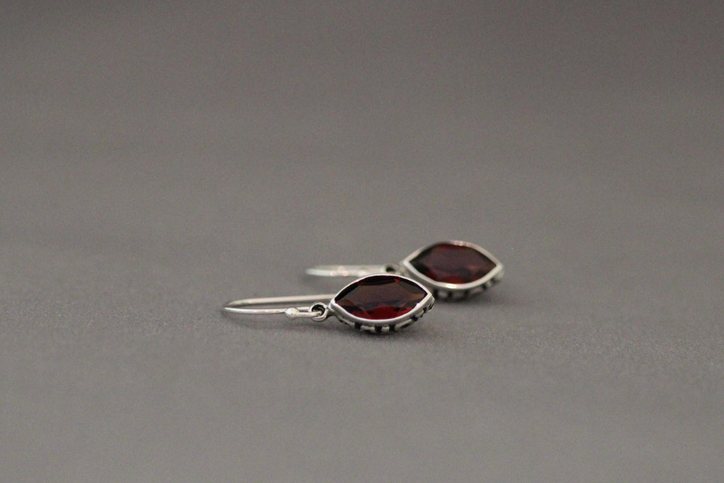 Marquise Red Garnet and Bali Silver Earrings