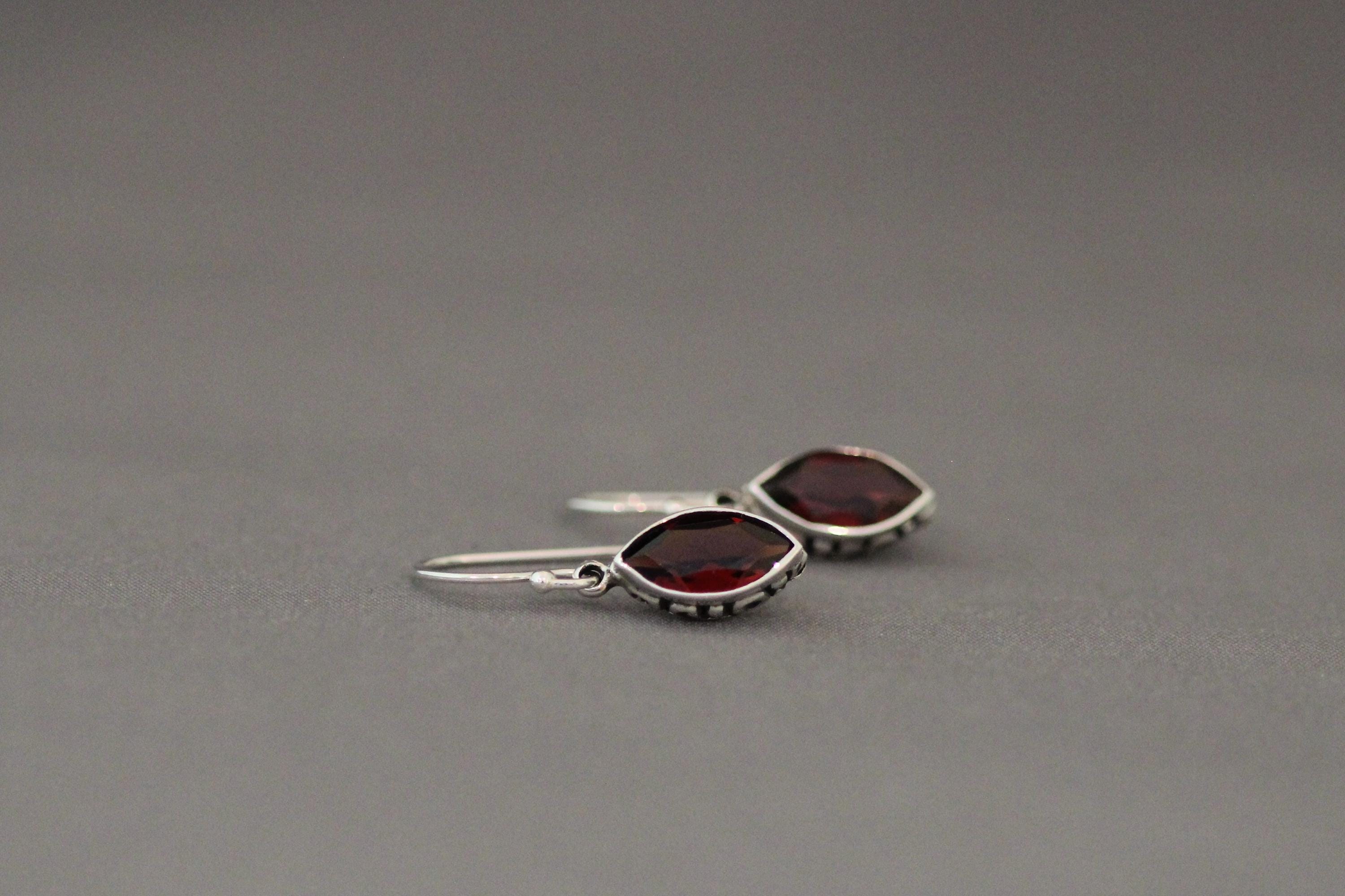 Marquise Red Garnet and Bali Silver Earrings