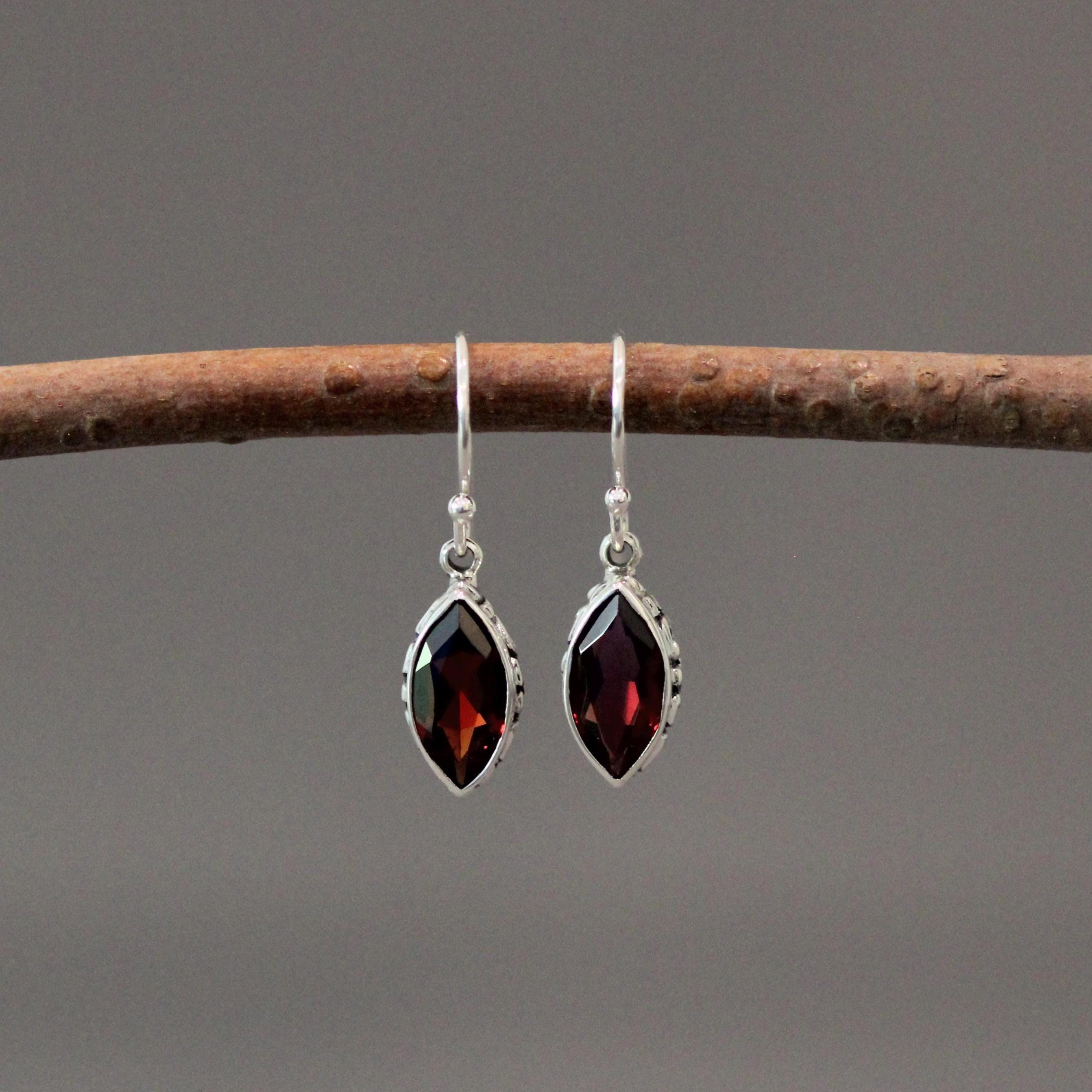 Marquise Red Garnet and Bali Silver Earrings