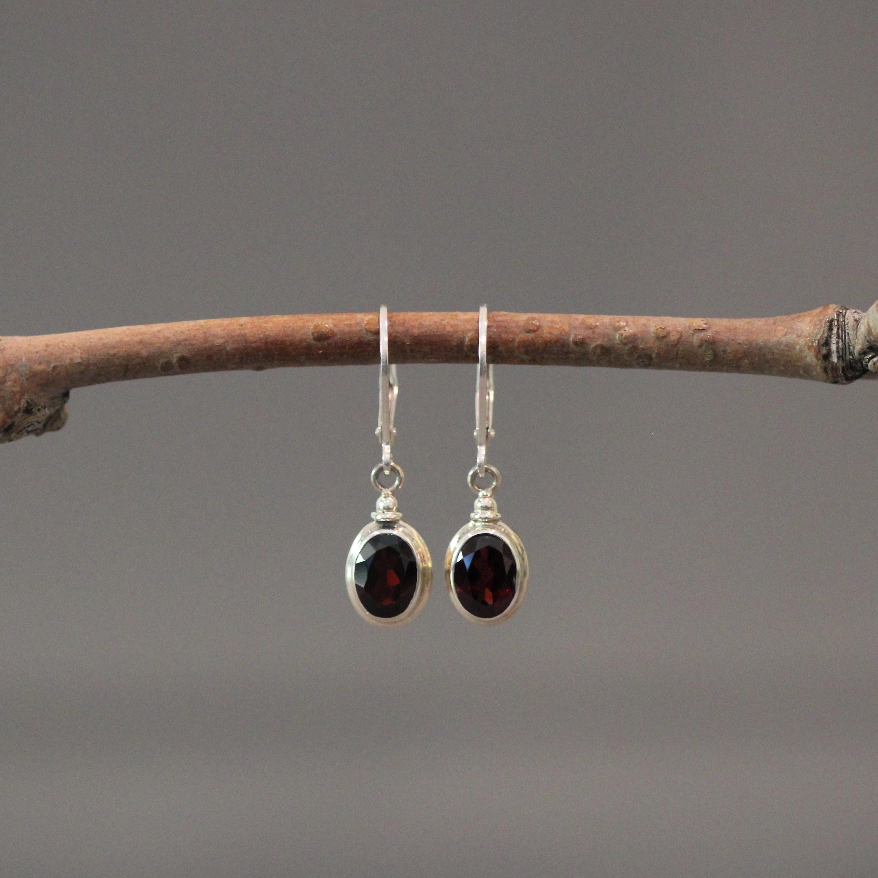 Oval Red Garnet and Bali Silver Earrings
