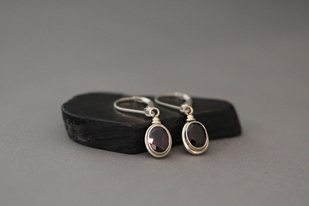 Oval Red Garnet and Bali Silver Earrings