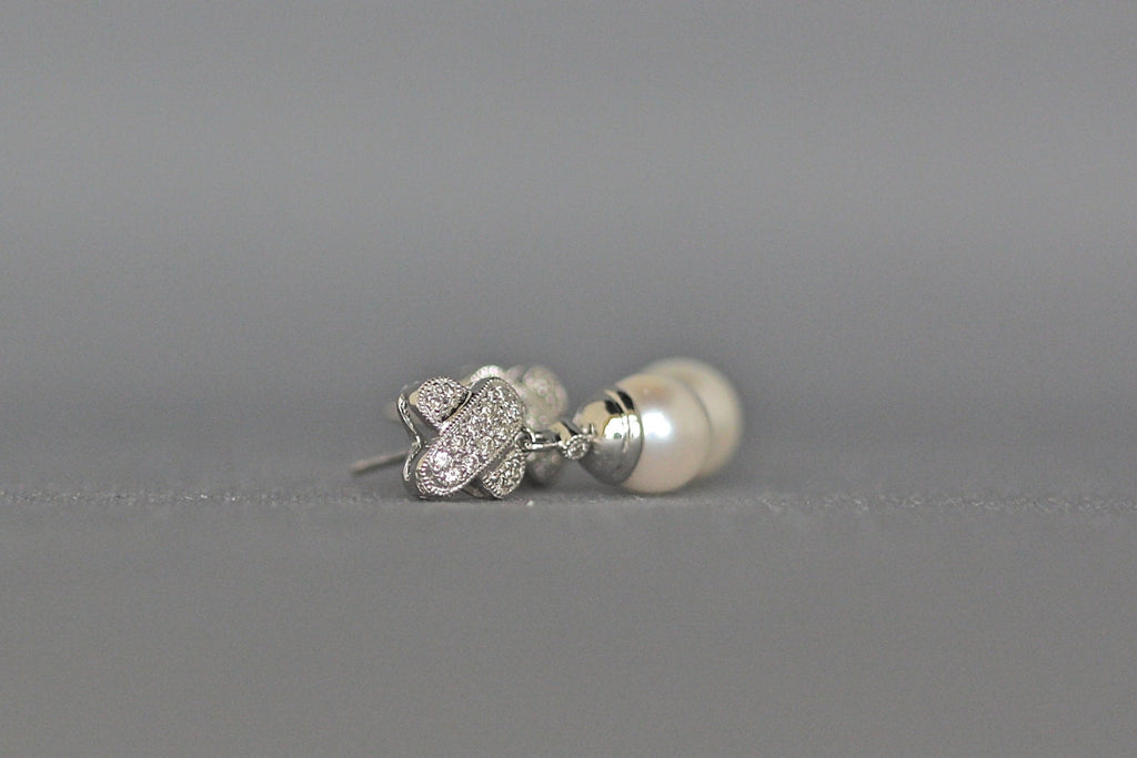 Cultured Pearl and Pave Diamond Dangle Earrings in Gold