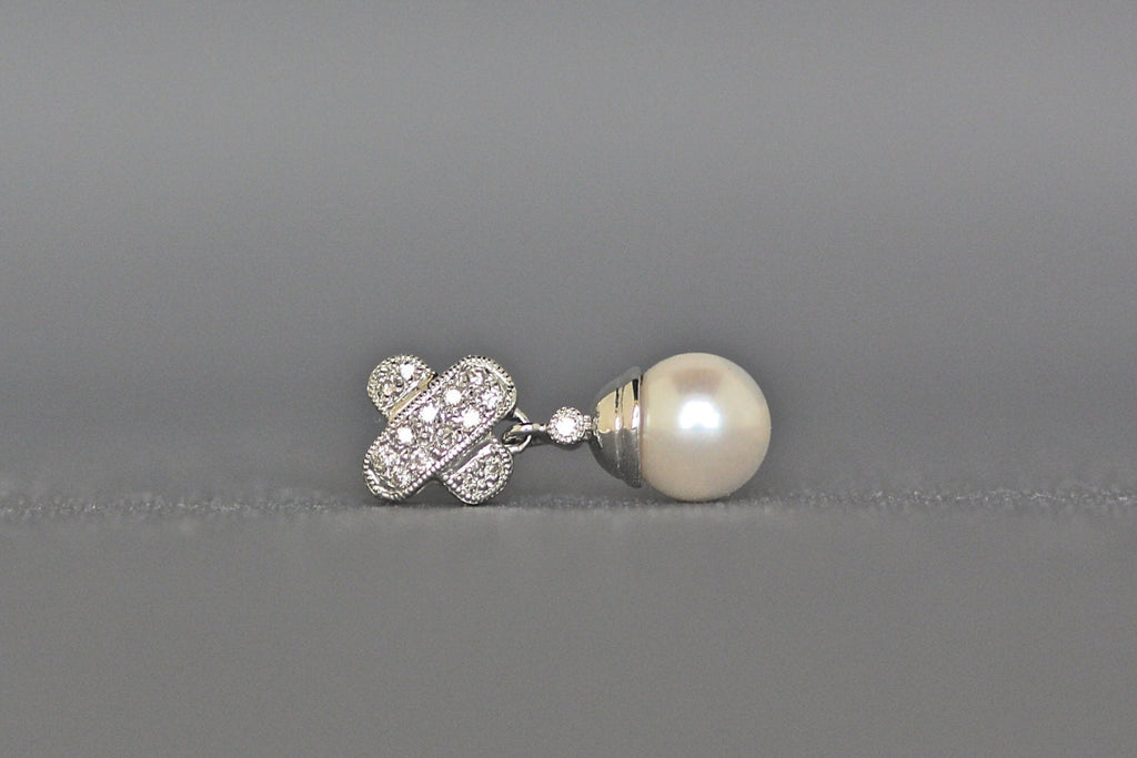 Cultured Pearl and Pave Diamond Dangle Earrings in Gold