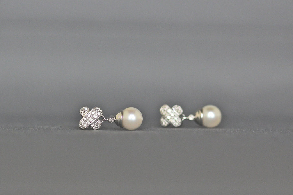Cultured Pearl and Pave Diamond Dangle Earrings in Gold