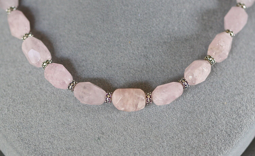 Pink Morganite Nugget and Bali Silver Bead Statement Necklace