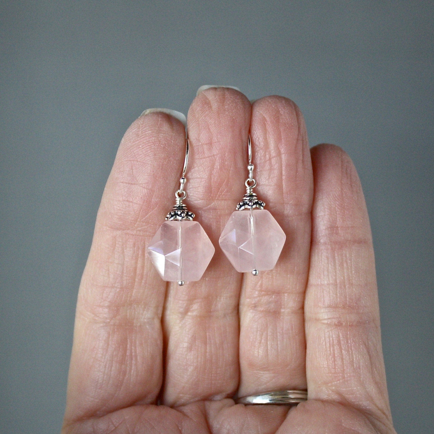 Rose Quartz Hexagon Earrings with Bali Sterling Silver Caps