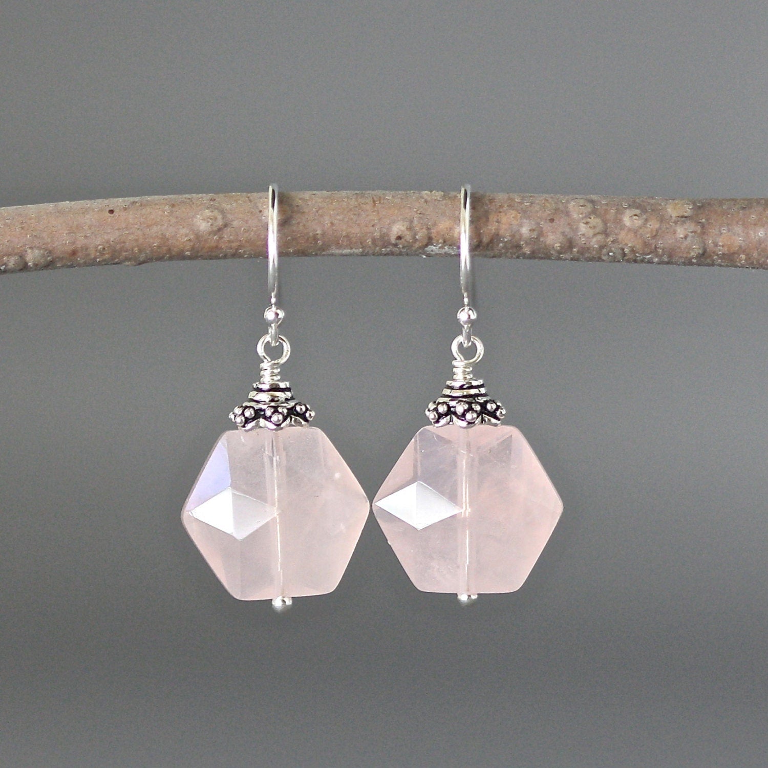 Rose Quartz Hexagon Earrings with Bali Sterling Silver Caps