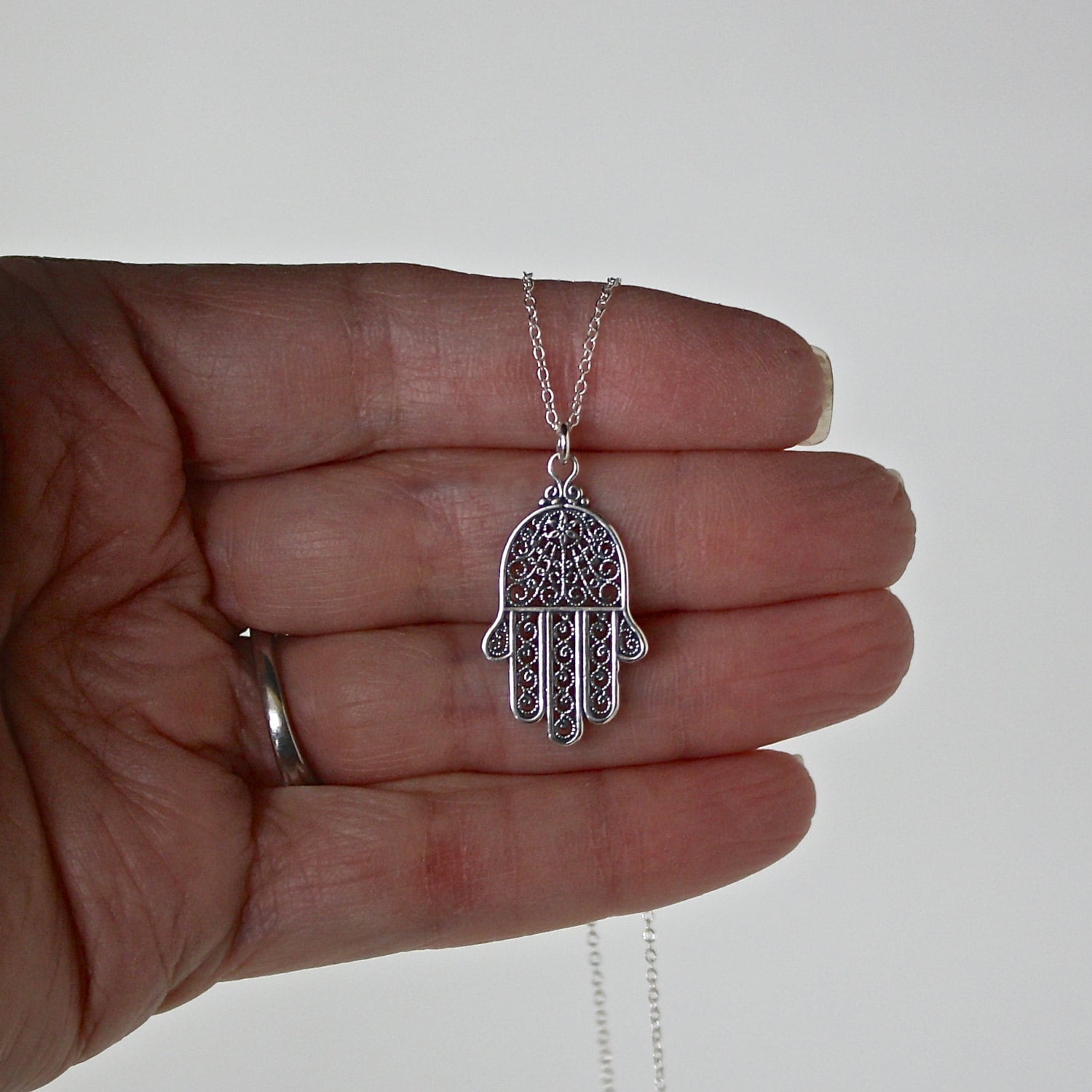 Sterling Silver Bali Filigree Hamsa Pendant Necklace