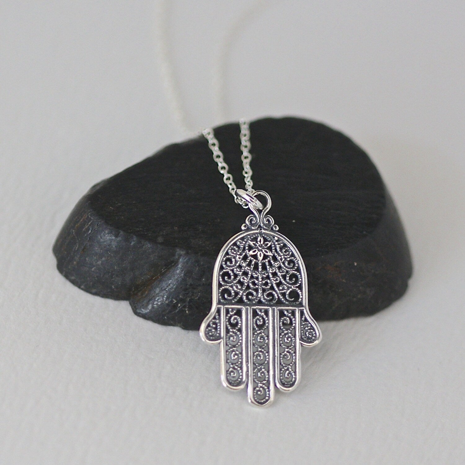 Sterling Silver Bali Filigree Hamsa Pendant Necklace