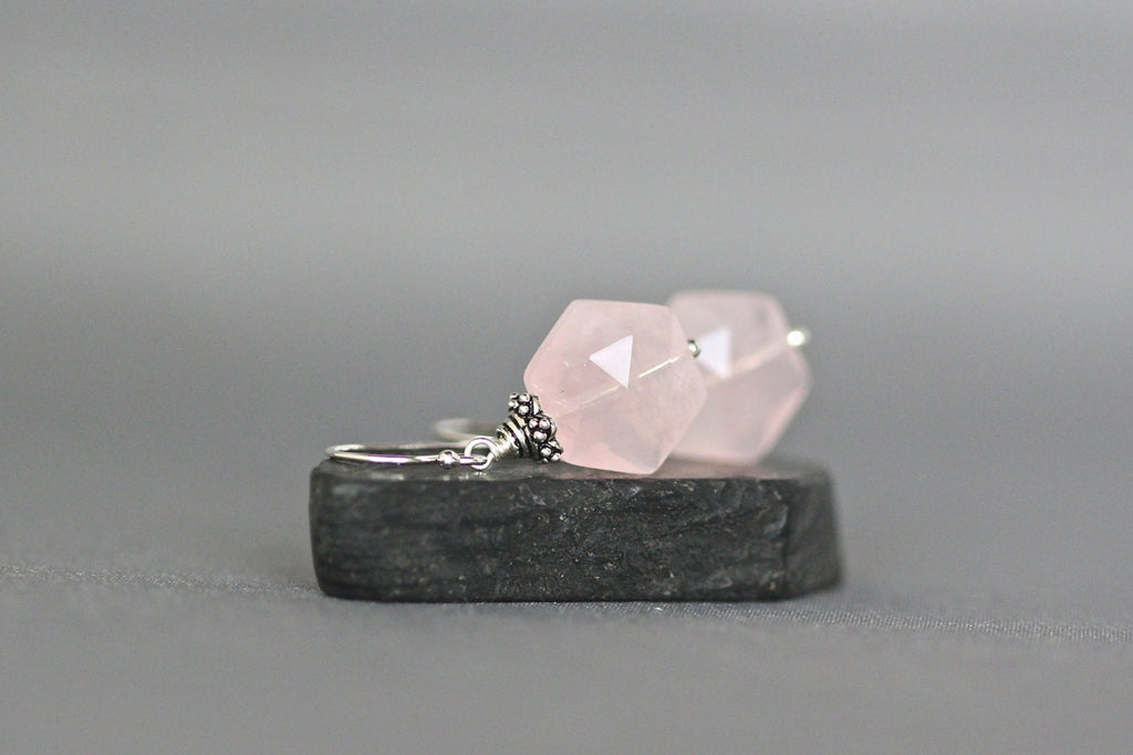 Rose Quartz Hexagon Earrings with Bali Sterling Silver Caps