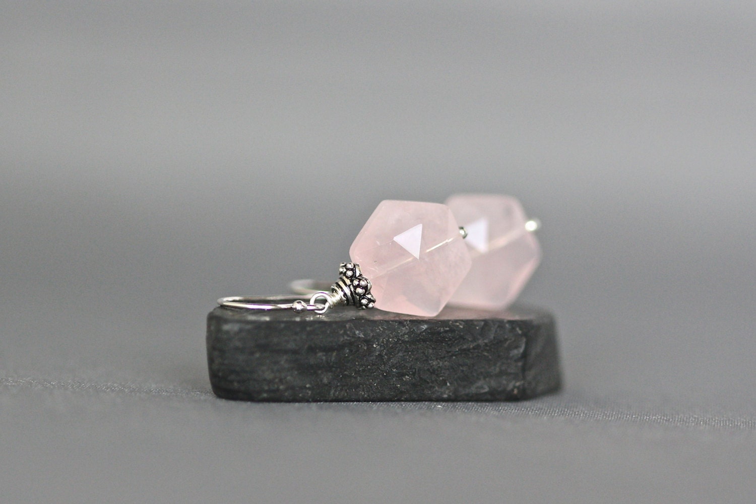 Rose Quartz Hexagon Earrings with Bali Sterling Silver Caps