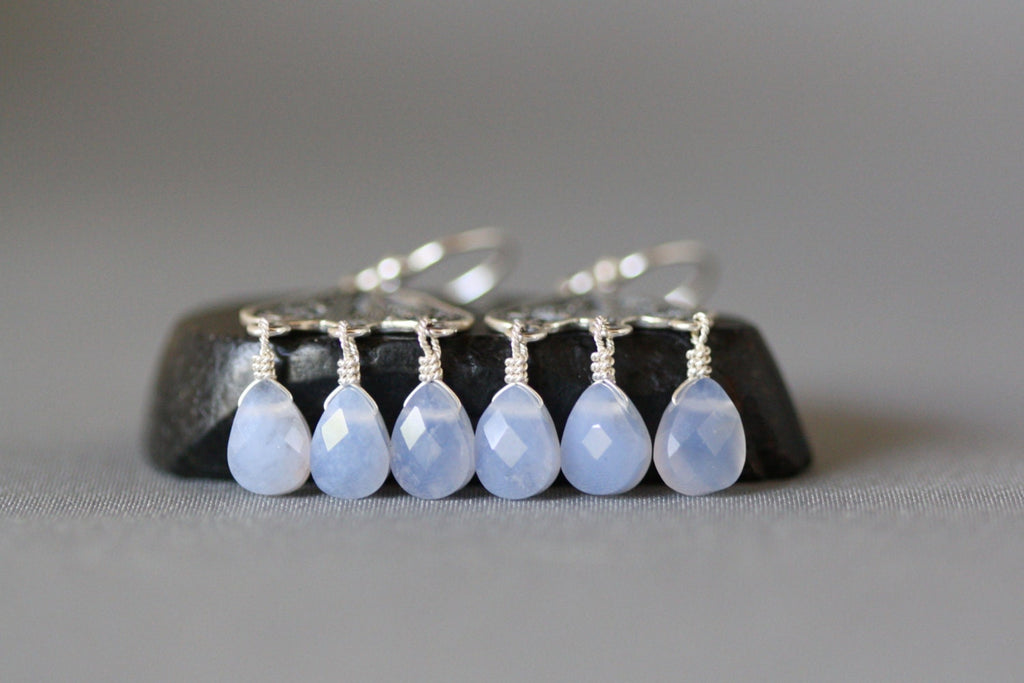 Blue Chalcedony Teardrop Chandelier Earrings on Bali Sterling Silver Filigree Findings