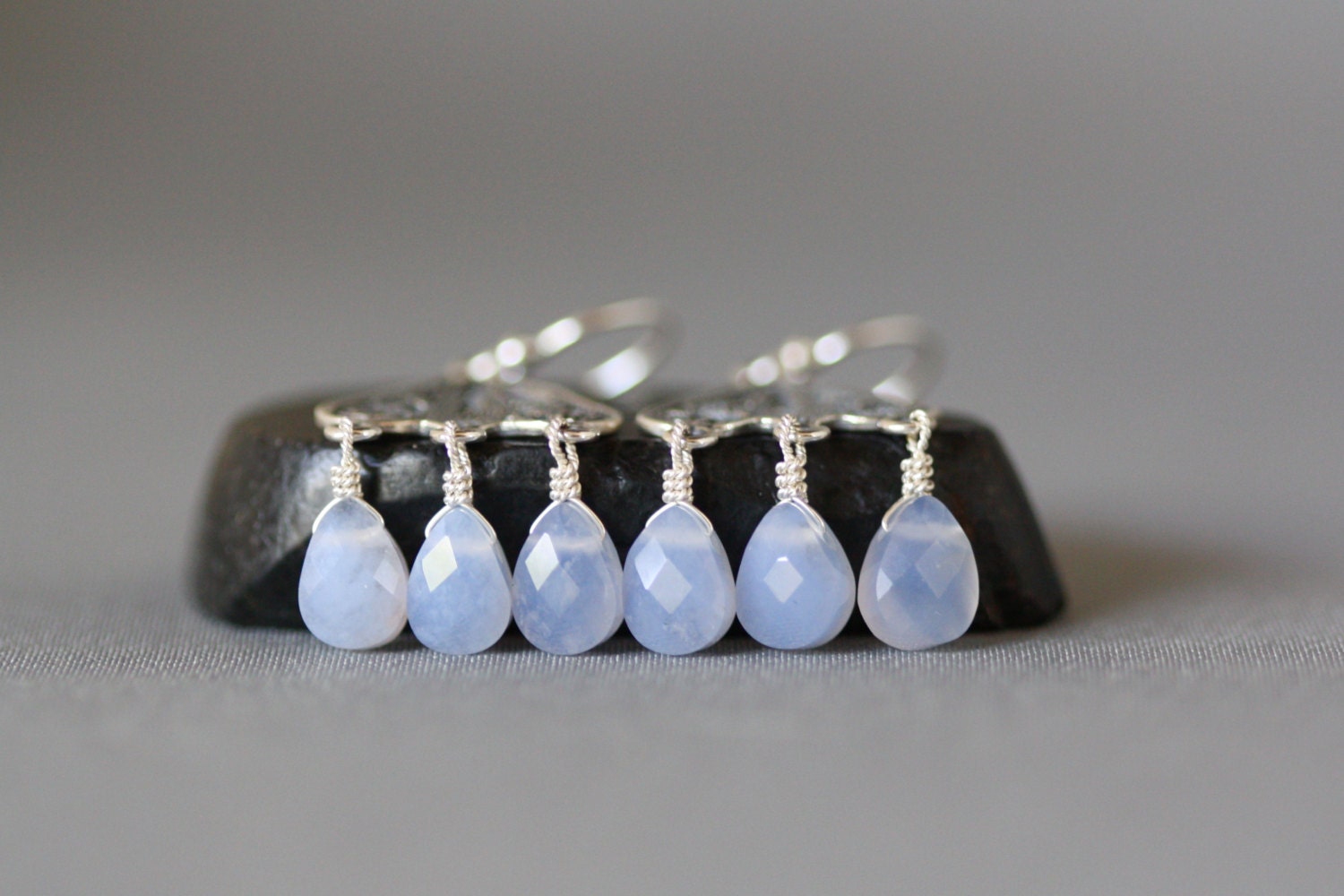 Blue Chalcedony Teardrop Chandelier Earrings on Bali Sterling Silver Filigree Findings