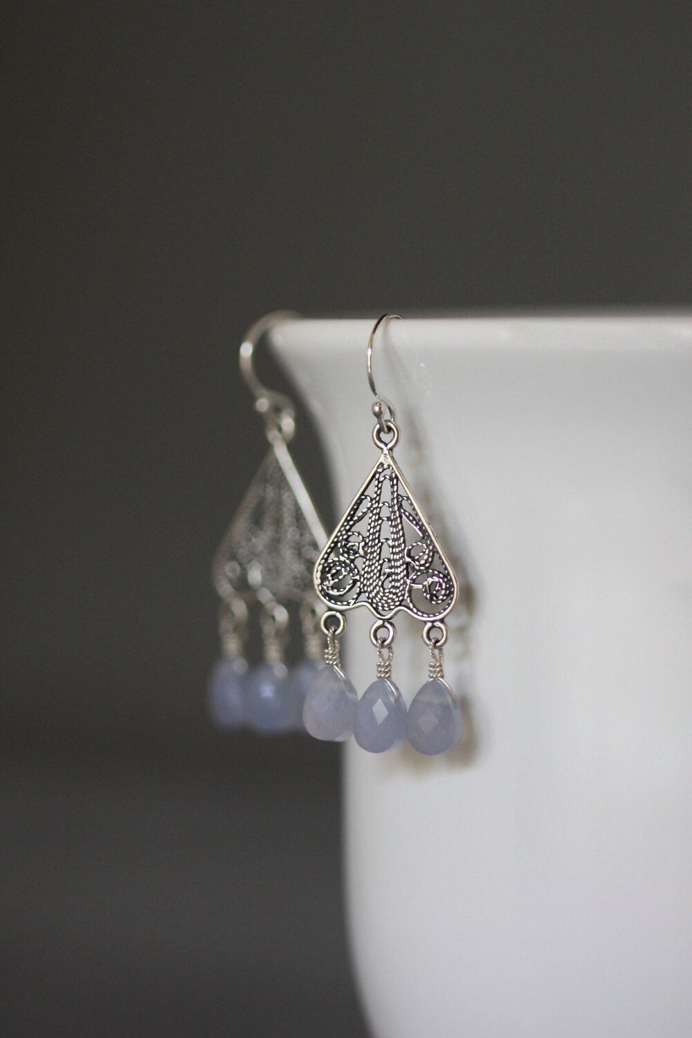 Blue Chalcedony Teardrop Chandelier Earrings on Bali Sterling Silver Filigree Findings
