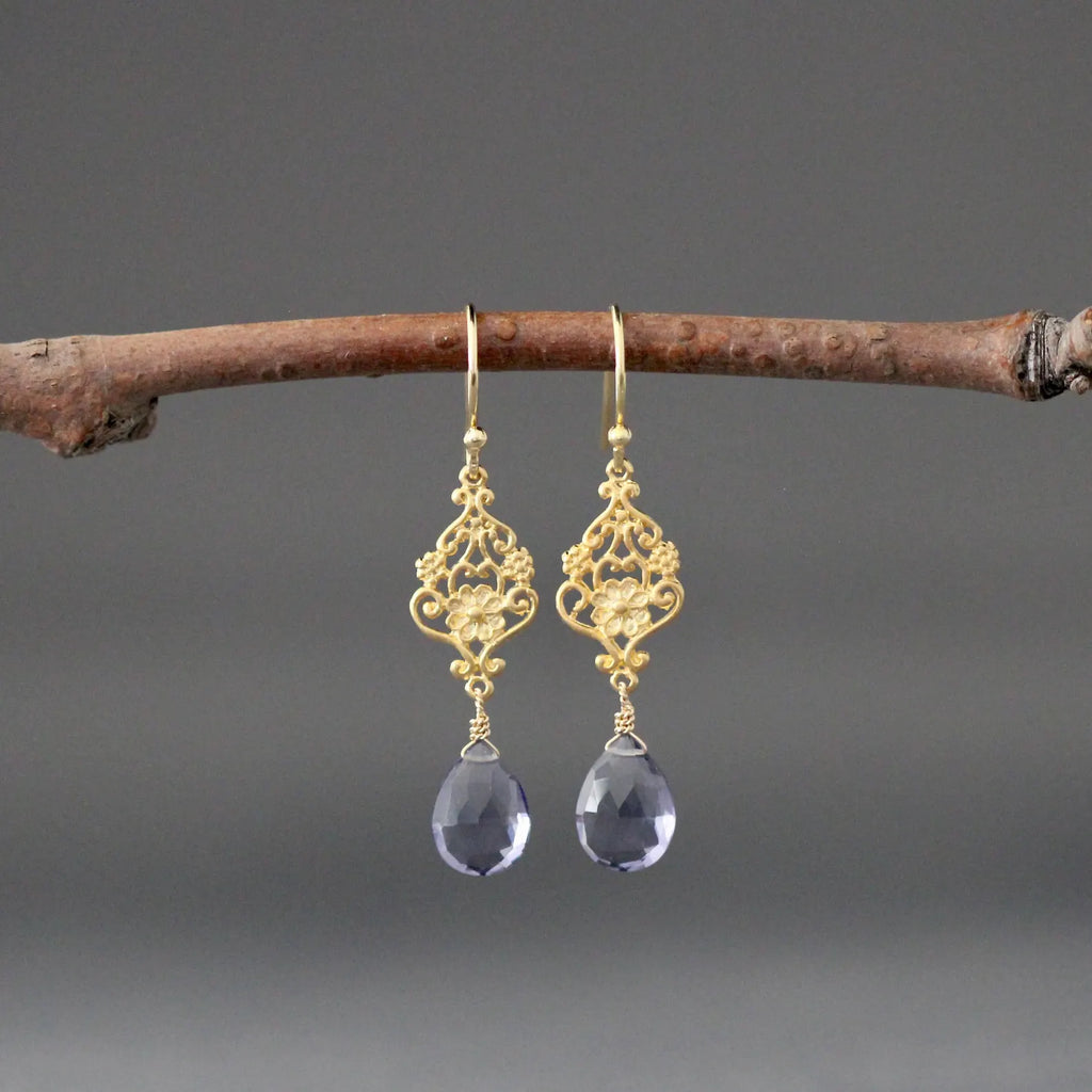 Iolite Quartz Teardrop Earrings on Gold Vermeil Flower Links