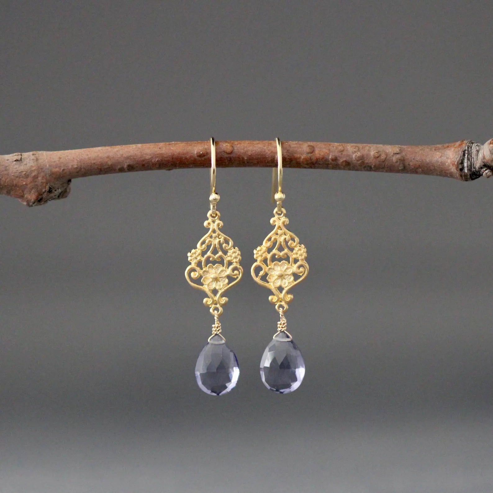Iolite Quartz Teardrop Earrings on Gold Vermeil Flower Links