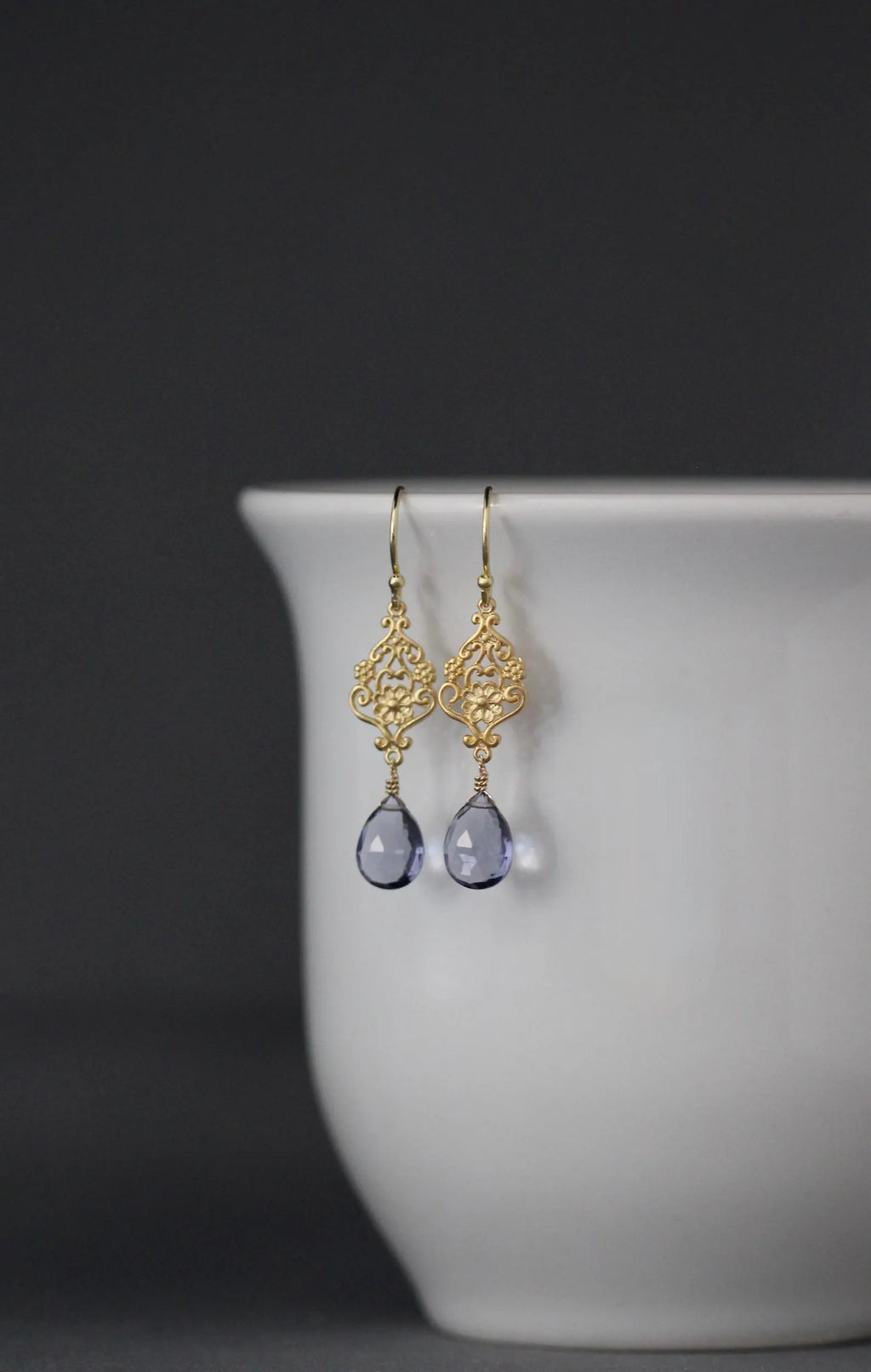 Iolite Quartz Teardrop Earrings on Gold Vermeil Flower Links