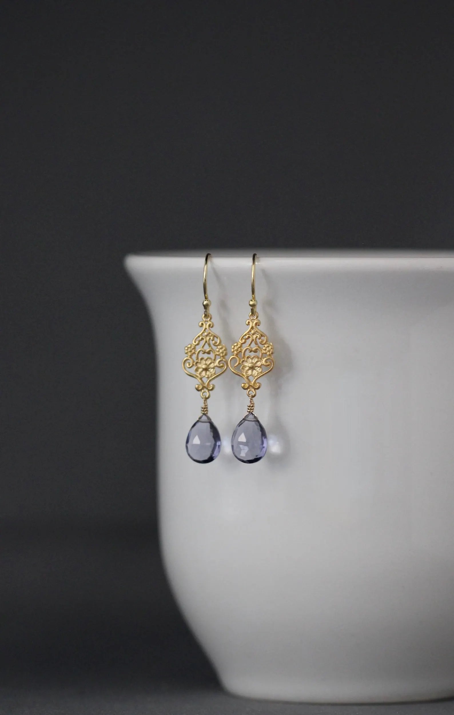 Iolite Quartz Teardrop Earrings on Gold Vermeil Flower Links