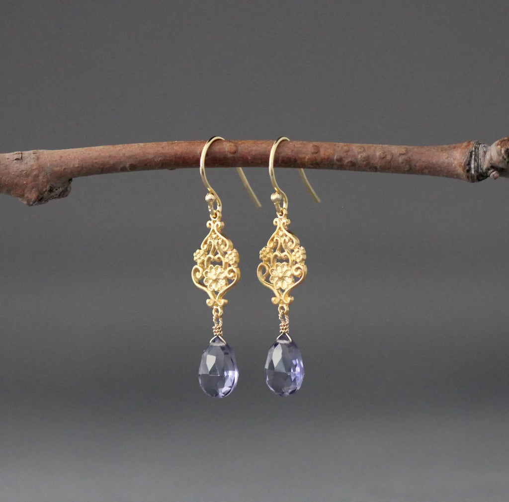 Iolite Quartz Teardrop Earrings on Gold Vermeil Flower Links