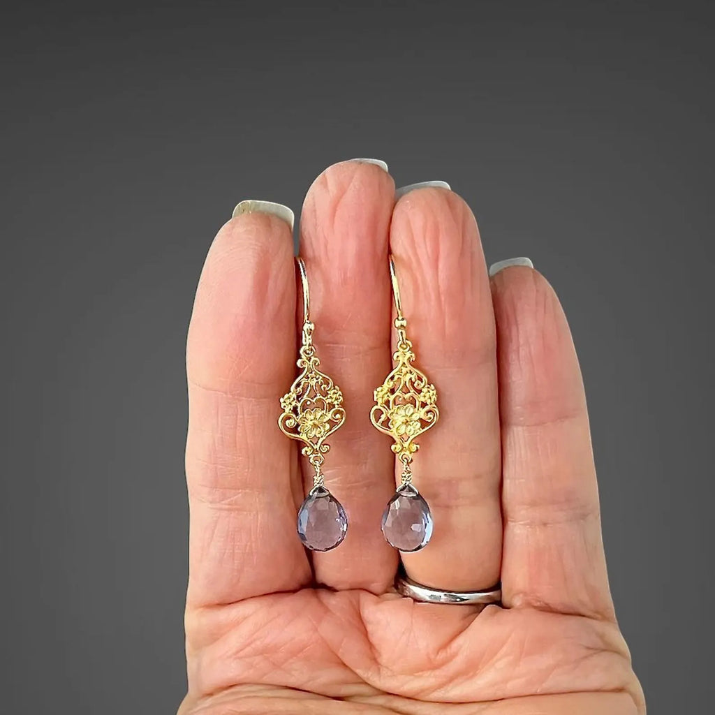 Iolite Quartz Teardrop Earrings on Gold Vermeil Flower Links