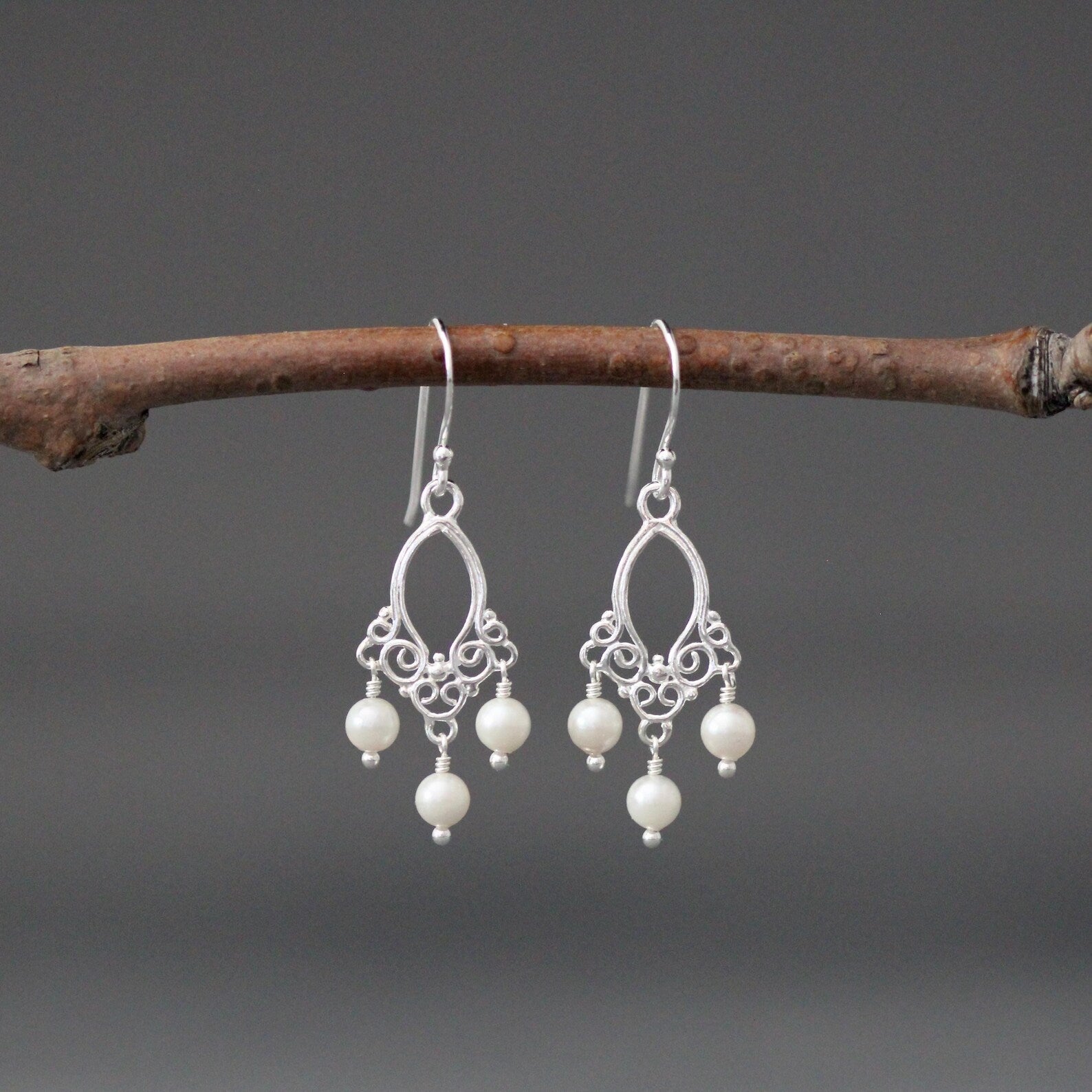 White Freshwater Pearl Chandelier Earrings on Bali Silver