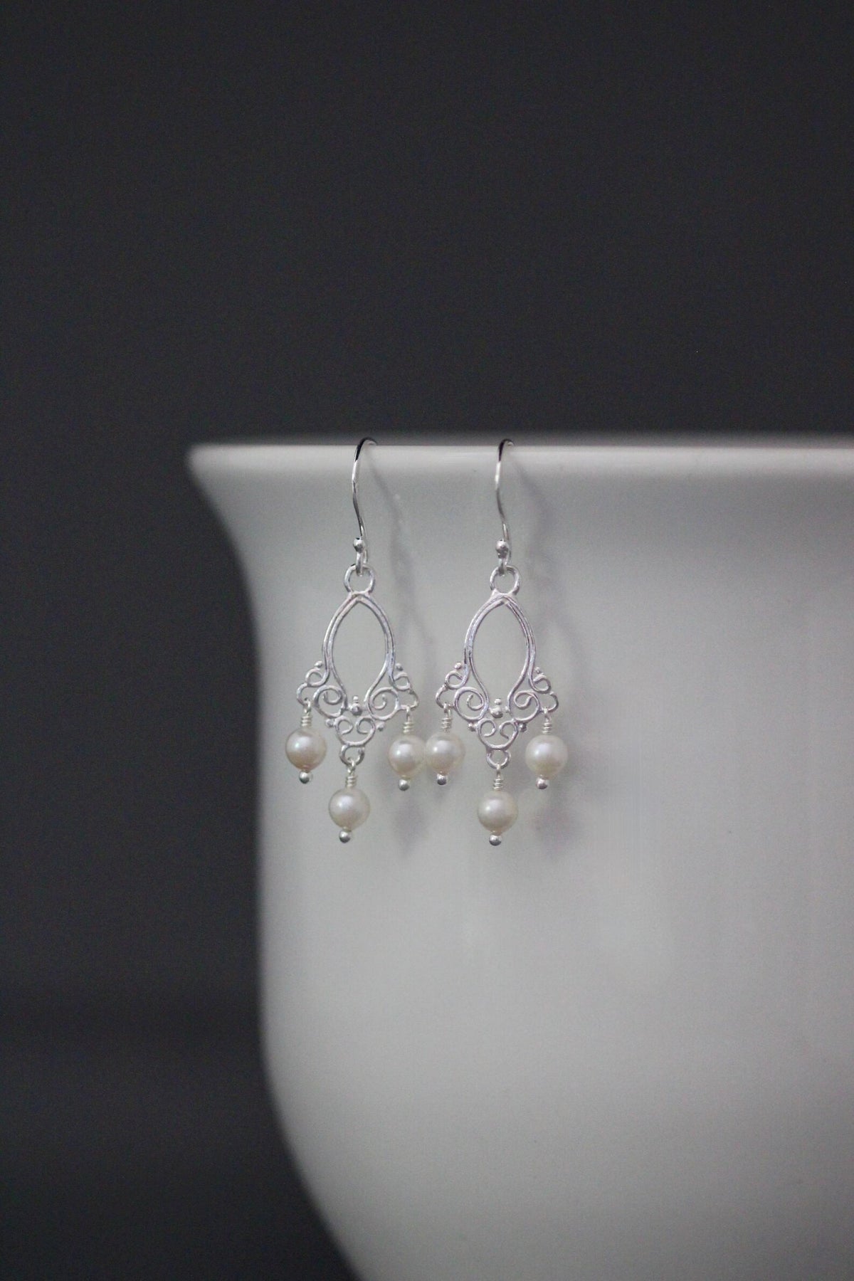 White Freshwater Pearl Chandelier Earrings on Bali Silver
