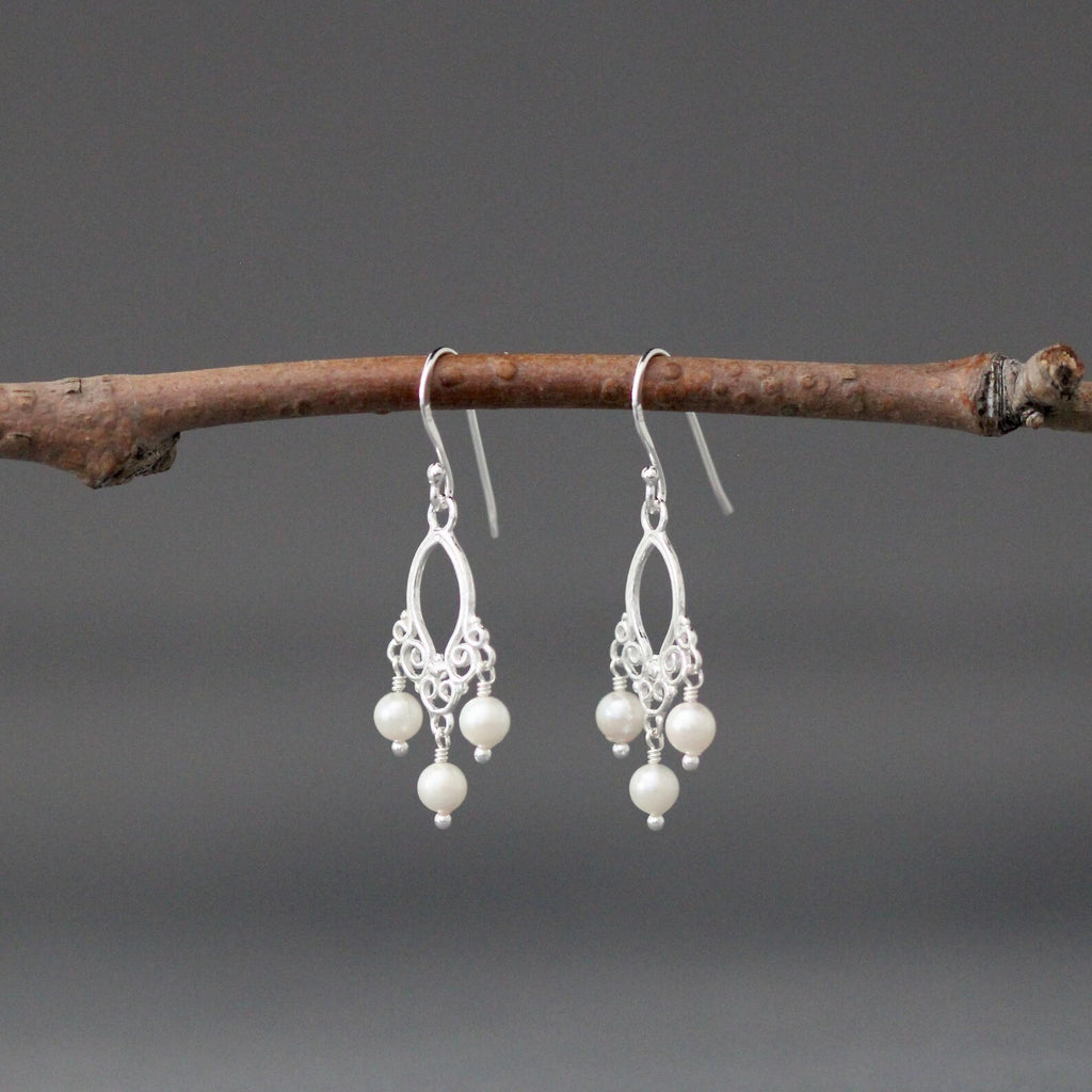 White Freshwater Pearl Chandelier Earrings on Bali Silver