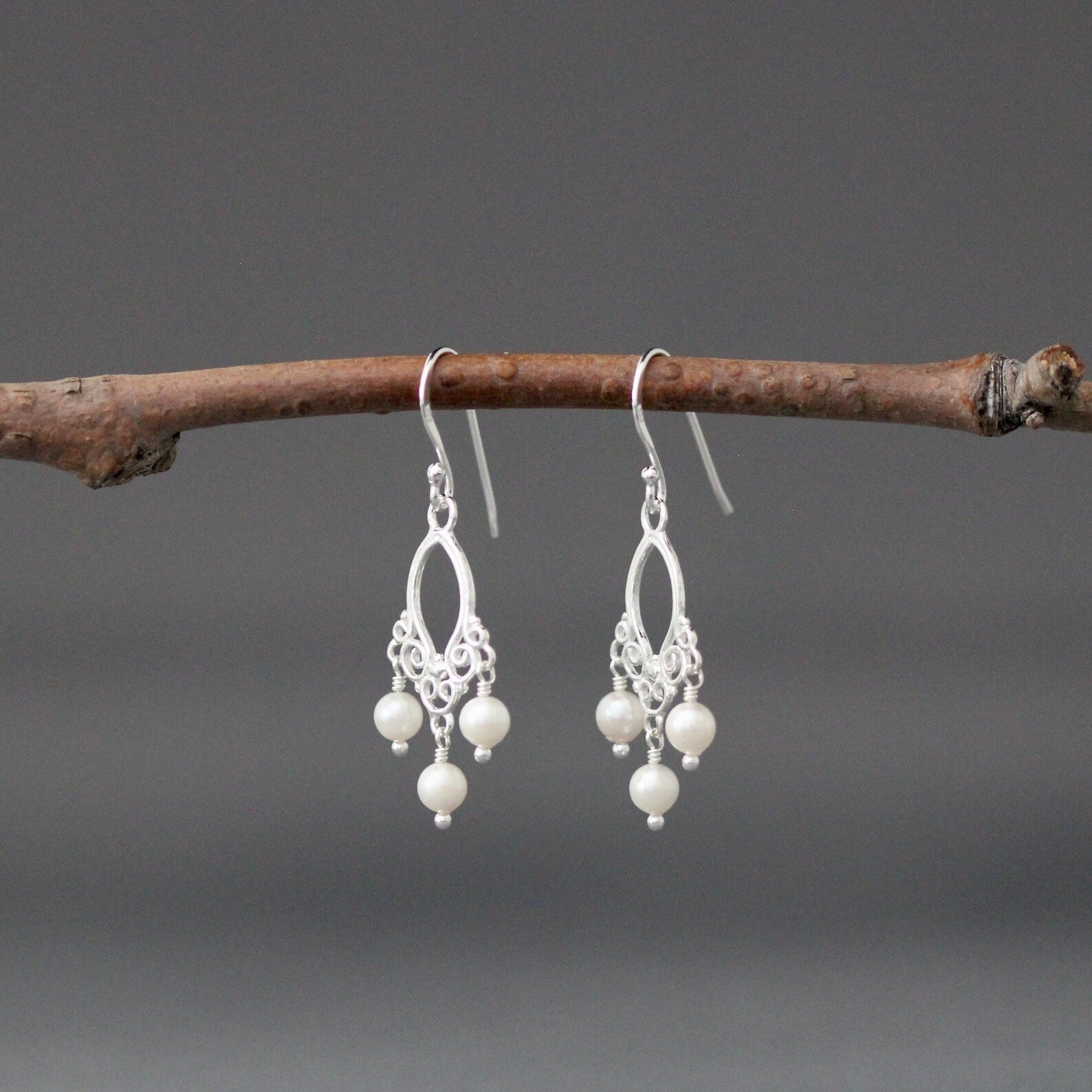 White Freshwater Pearl Chandelier Earrings on Bali Silver