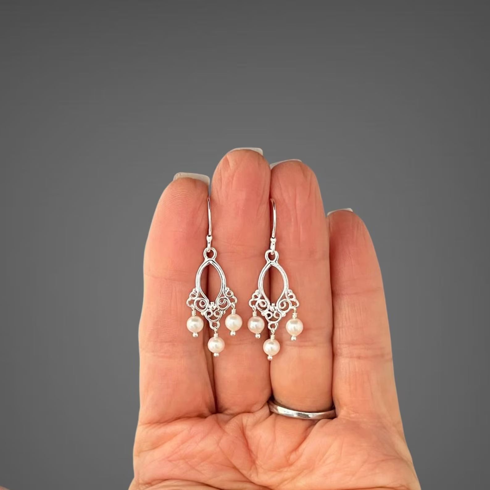 White Freshwater Pearl Chandelier Earrings on Bali Silver