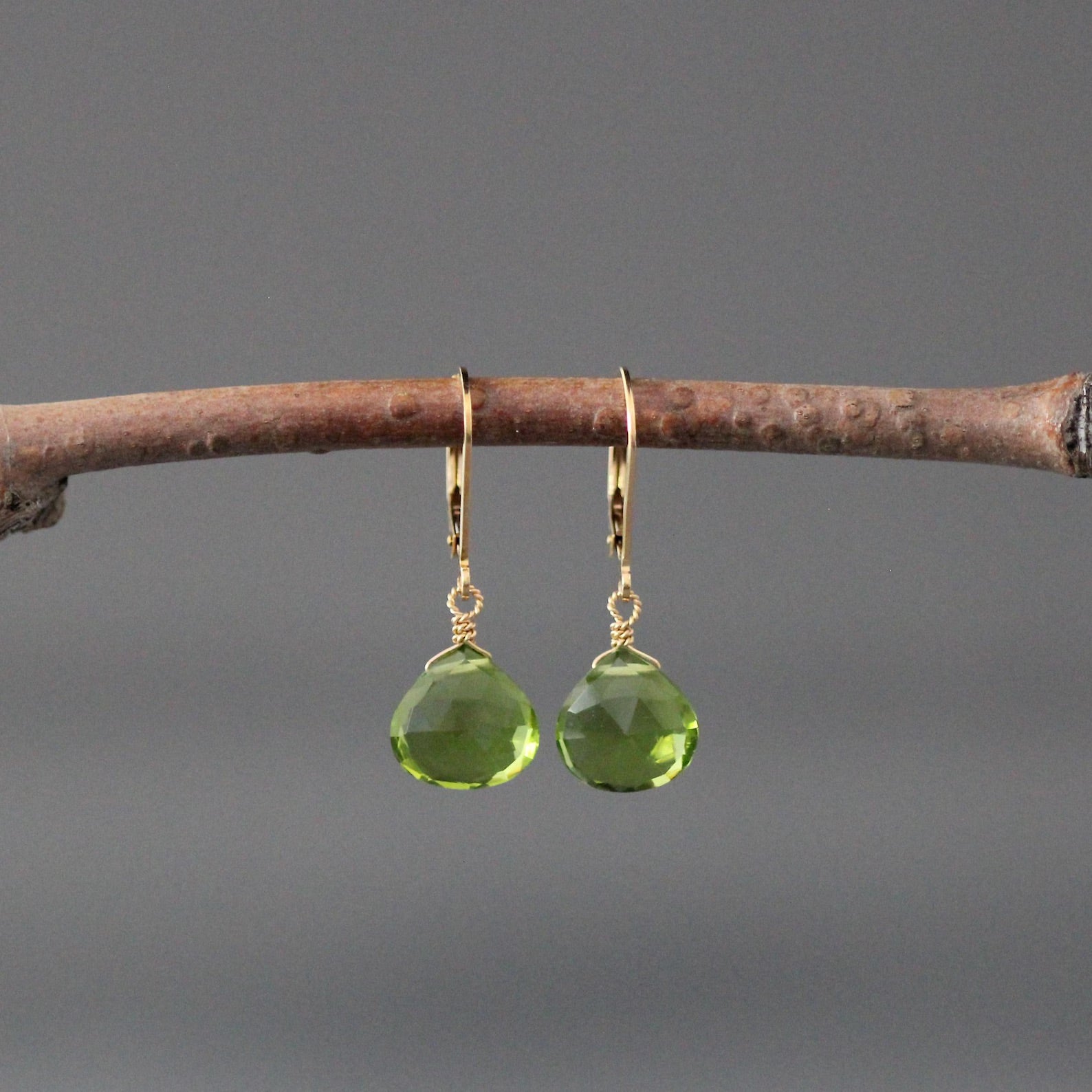 Peridot Quartz Teardrop Earrings on 14k Gold Filled Leverbacks