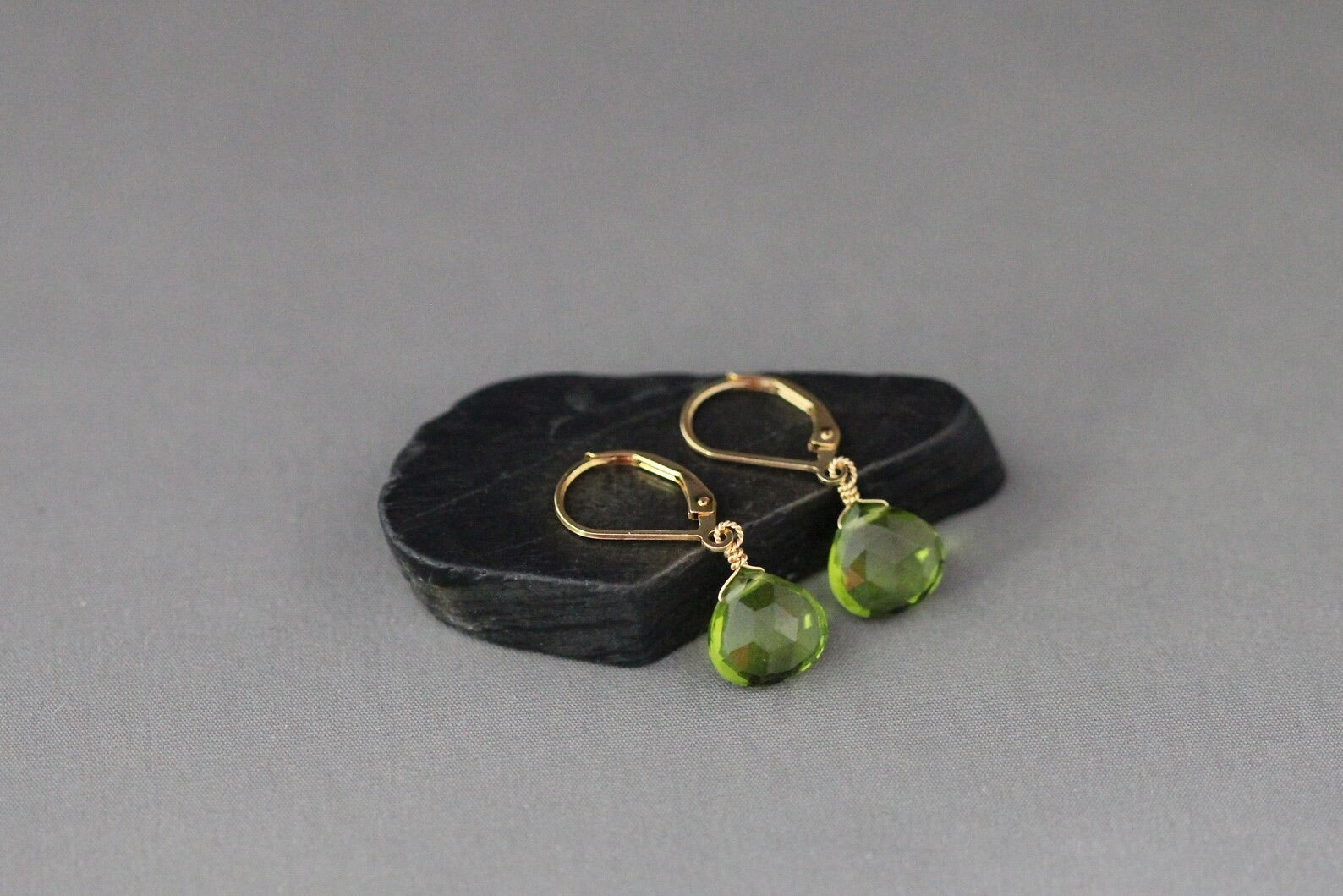 Peridot Quartz Teardrop Earrings on 14k Gold Filled Leverbacks