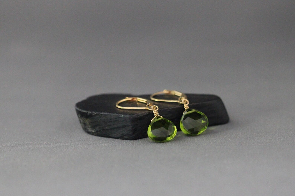 Peridot Quartz Teardrop Earrings on 14k Gold Filled Leverbacks