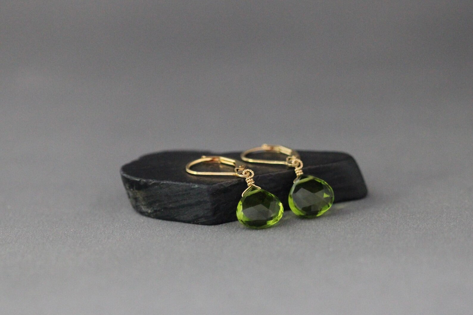 Peridot Quartz Teardrop Earrings on 14k Gold Filled Leverbacks