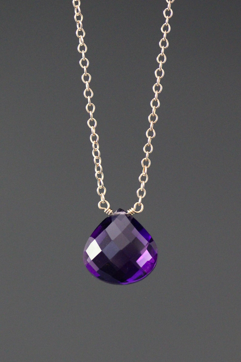 Purple Amethyst Teardrop Necklace on 14k Gold Filled Chain