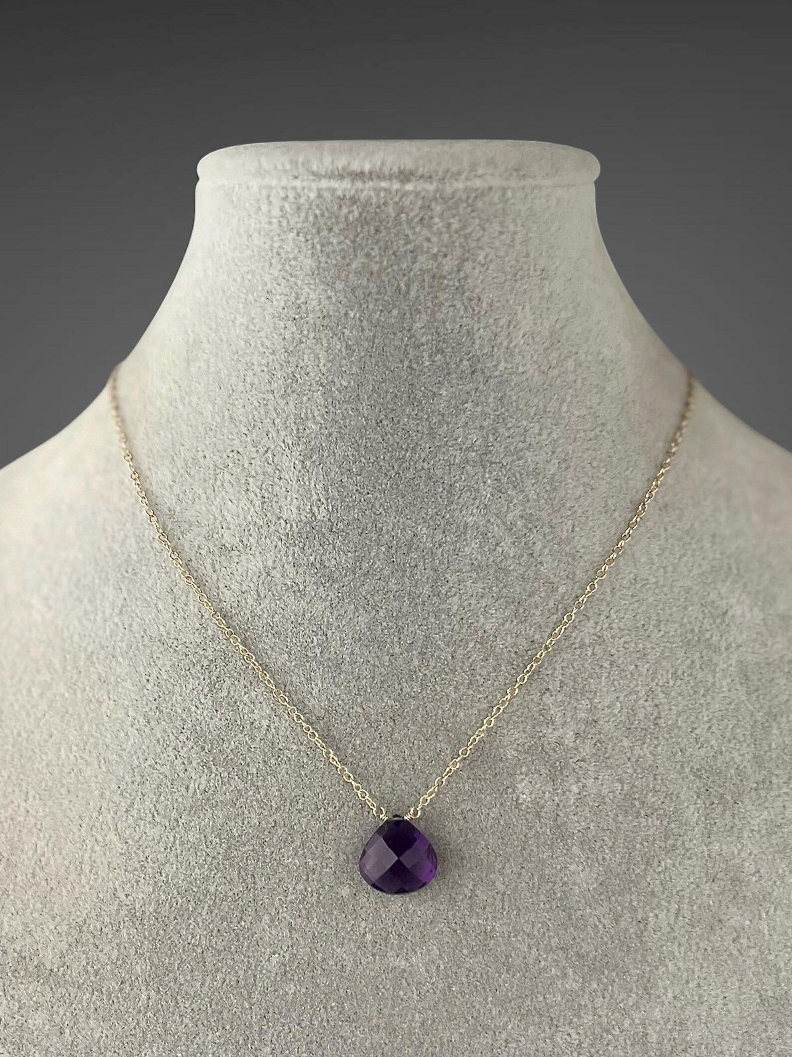 Purple Amethyst Teardrop Necklace on 14k Gold Filled Chain