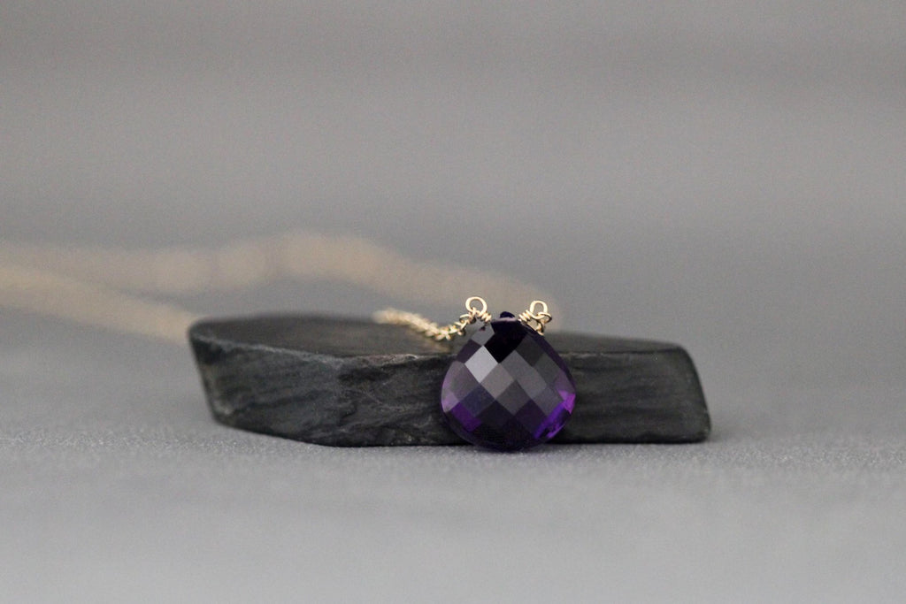 Purple Amethyst Teardrop Necklace on 14k Gold Filled Chain