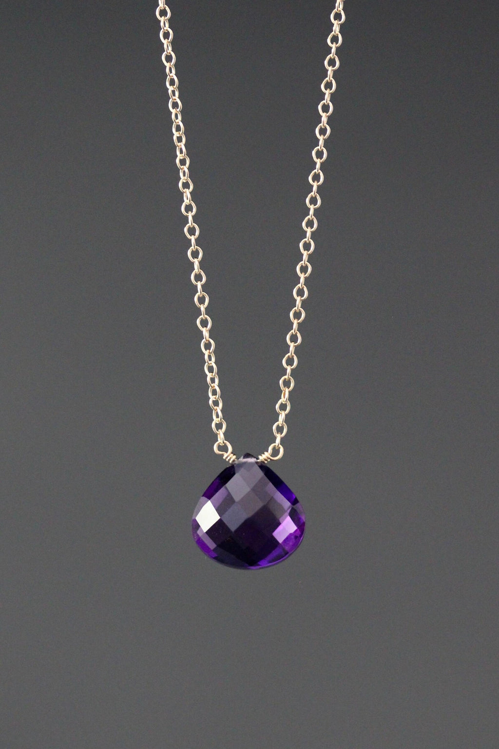Purple Amethyst Teardrop Necklace on 14k Gold Filled Chain