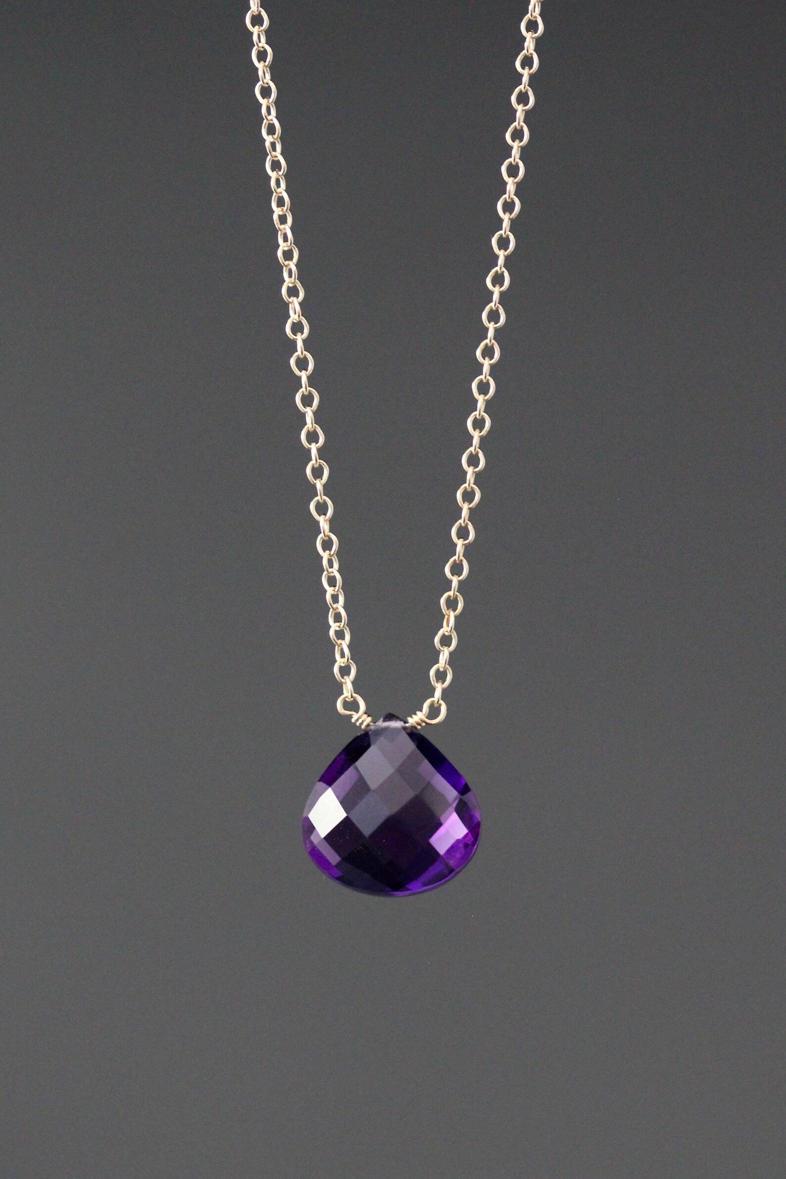 Purple Amethyst Teardrop Necklace on 14k Gold Filled Chain