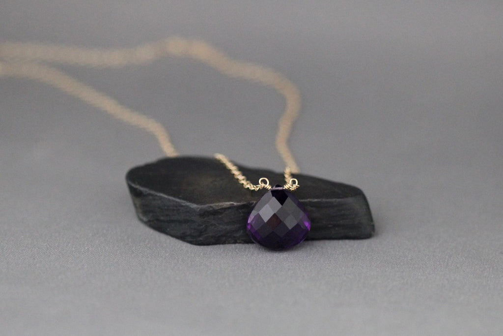Purple Amethyst Teardrop Necklace on 14k Gold Filled Chain