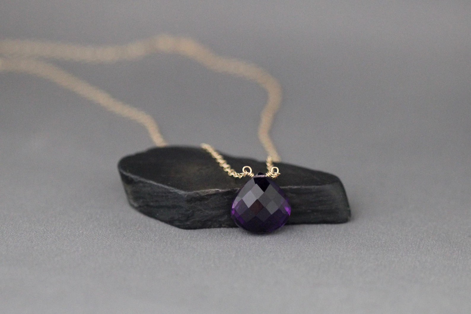Purple Amethyst Teardrop Necklace on 14k Gold Filled Chain