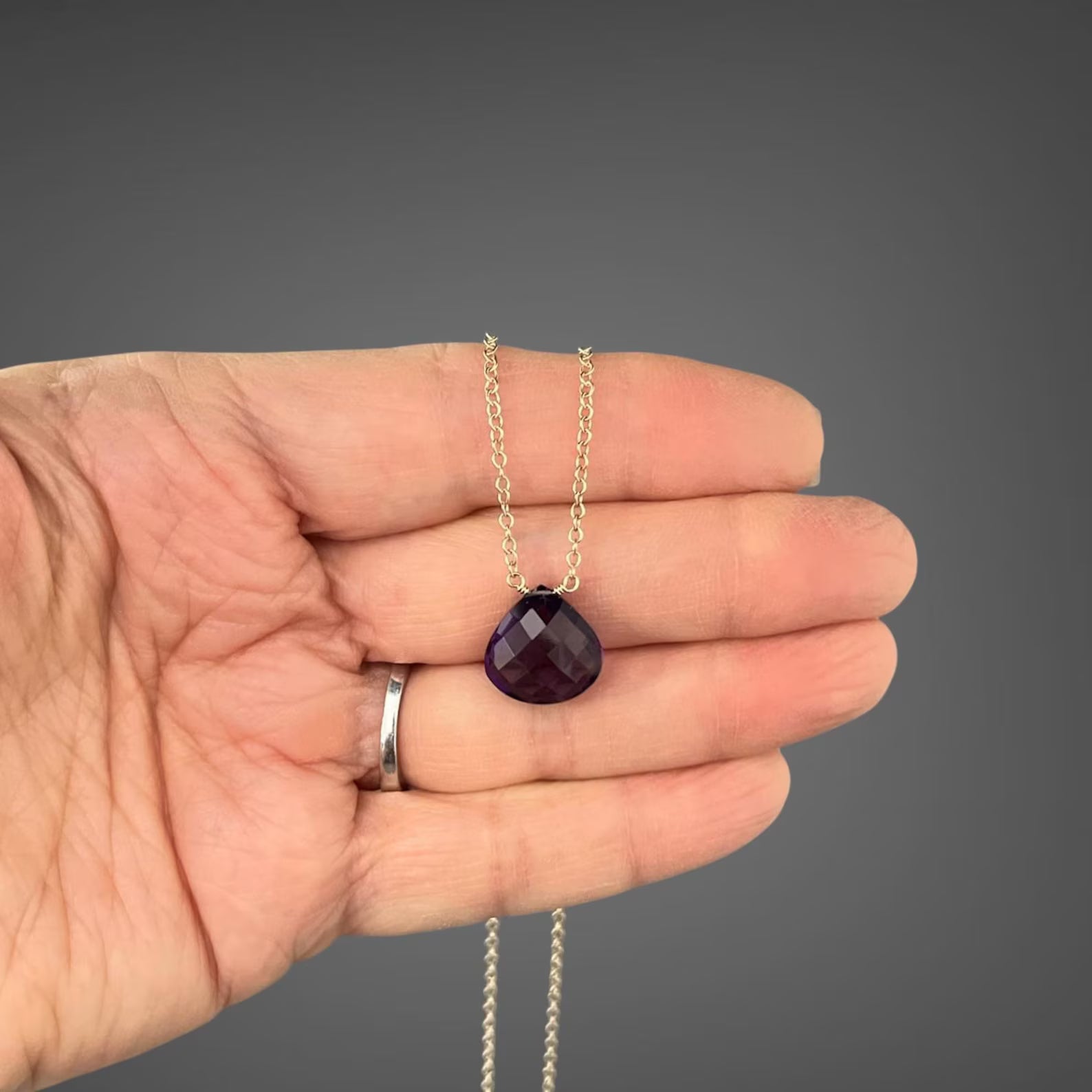 Purple Amethyst Teardrop Necklace on 14k Gold Filled Chain