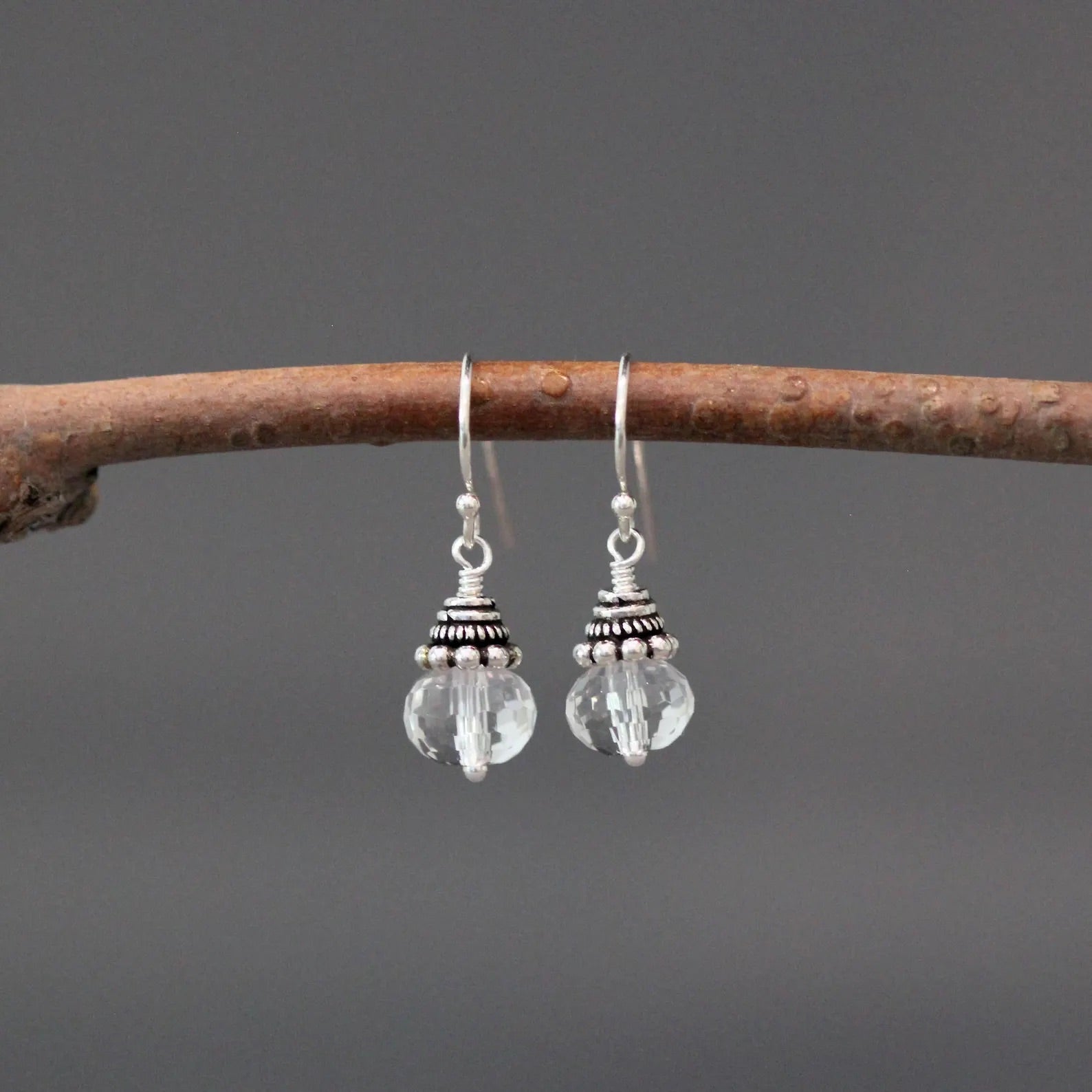 Quartz Crystal and Bali Silver Earrings