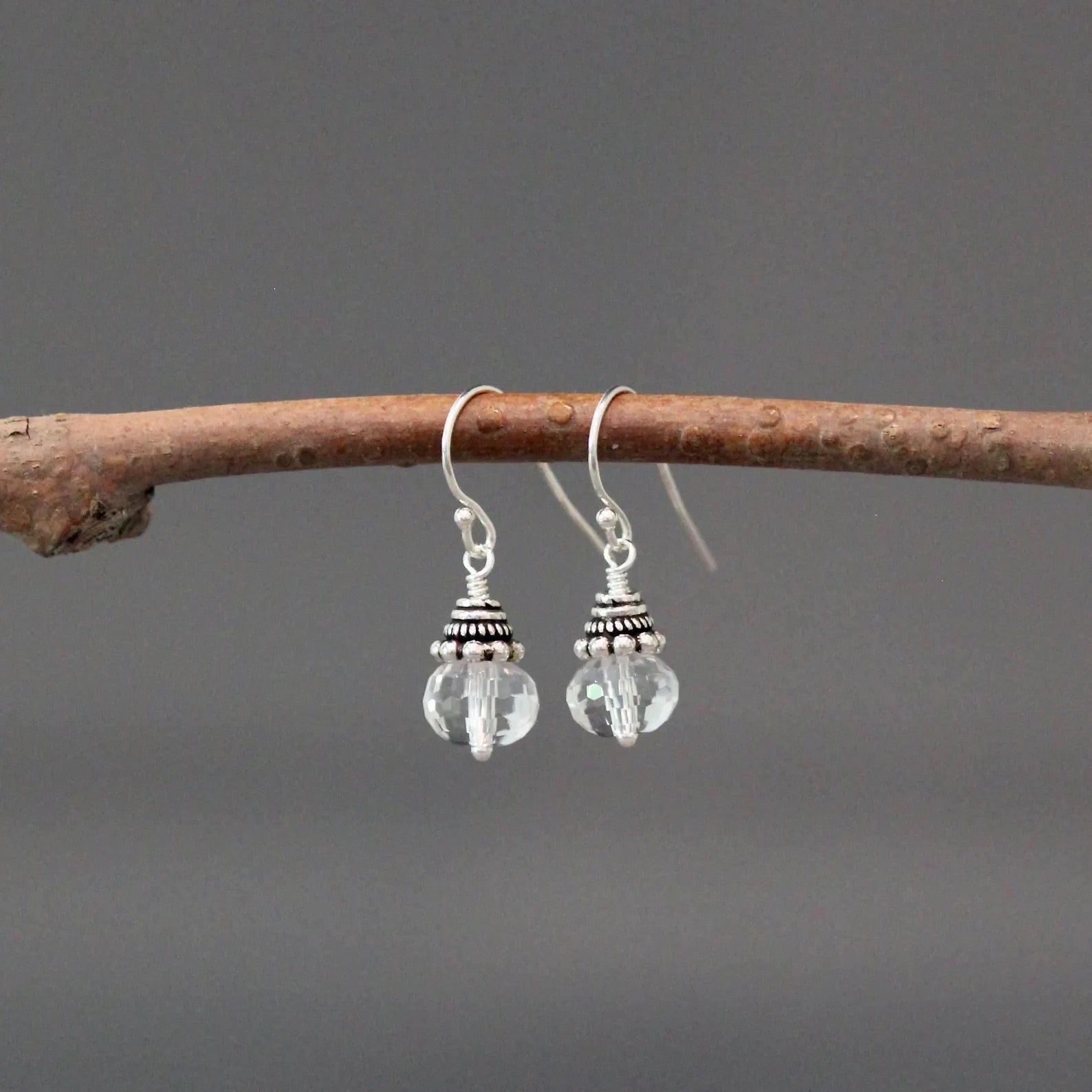Quartz Crystal and Bali Silver Earrings