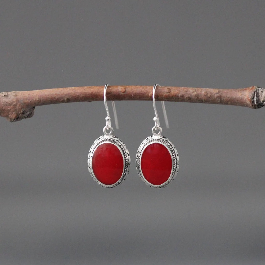 Red Coral and Bali Silver Earrings