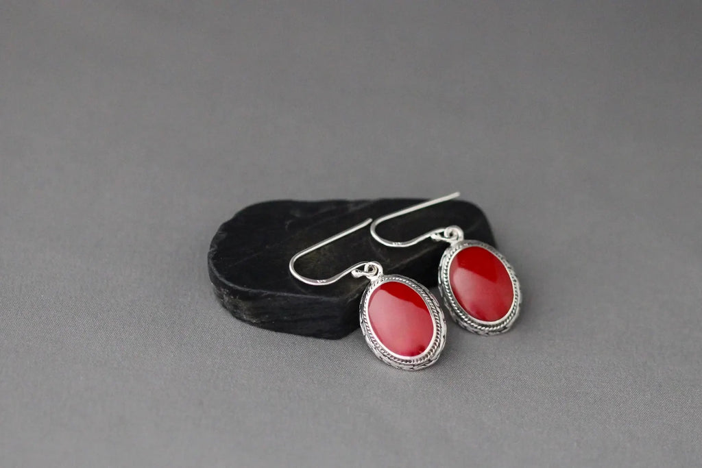 Red Coral and Bali Silver Earrings