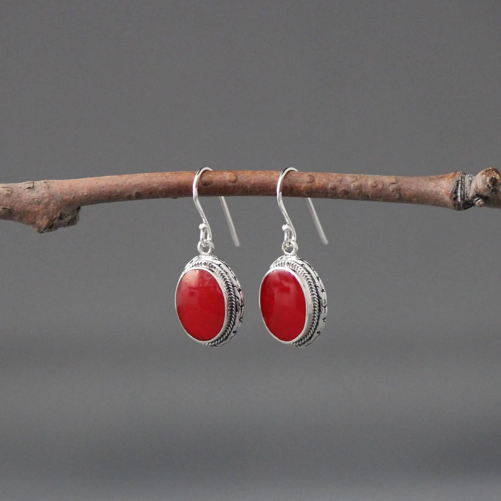 Red Coral and Bali Silver Earrings