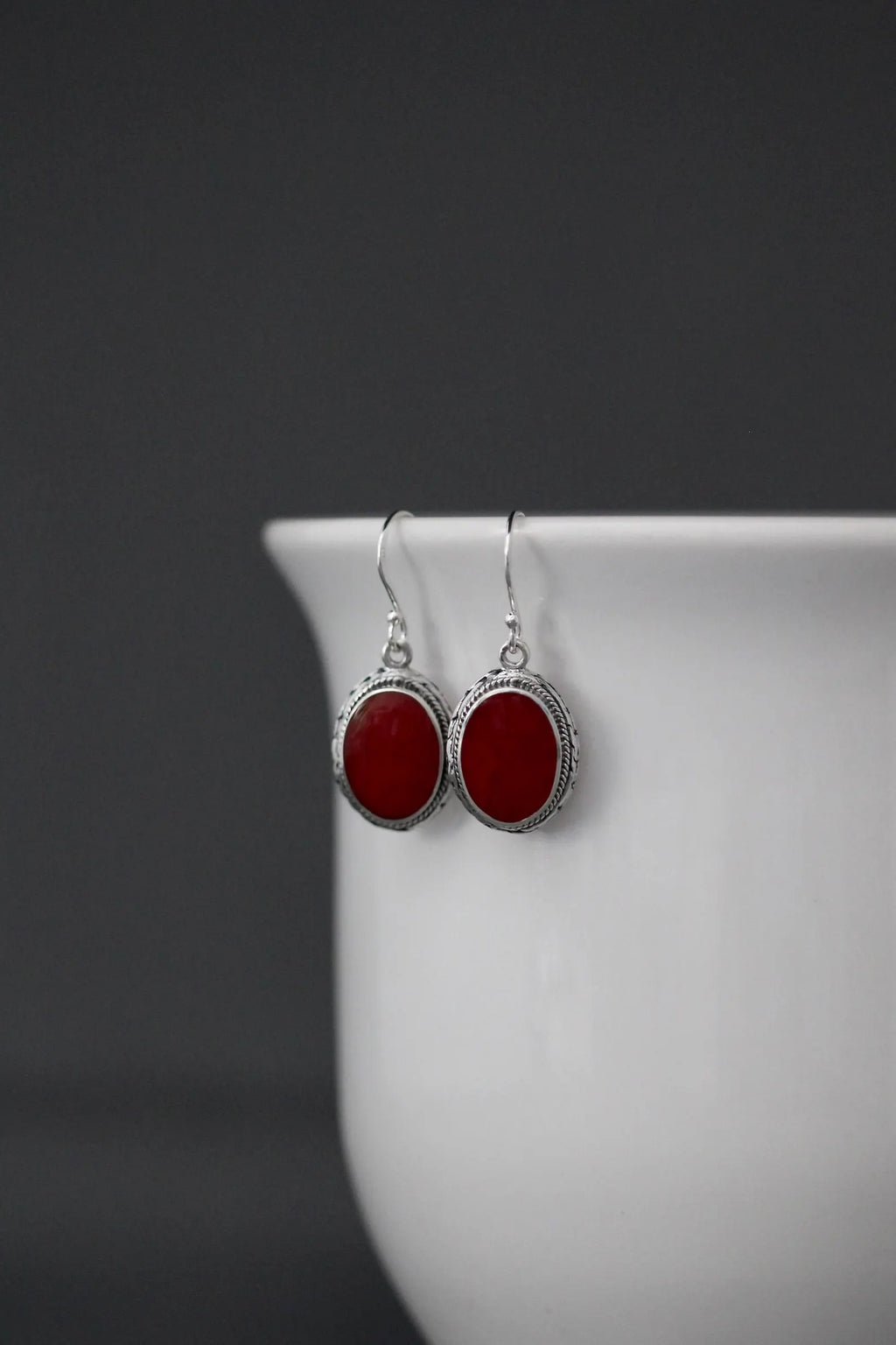 Red Coral and Bali Silver Earrings